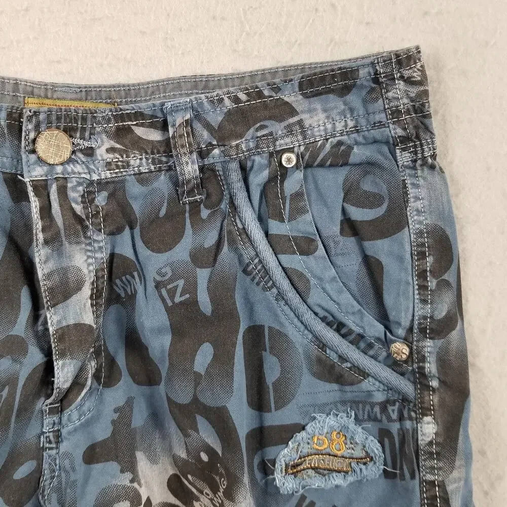 Cargo Shorts Mens 32 Blue All Over Print Multi Pocket‎ Drawstring Y2K Streetwear
